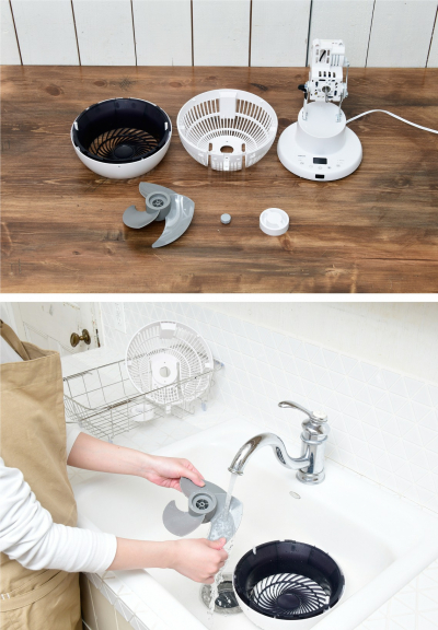 工具不要で前面ガード・羽根・背面ガードが簡単に取り外せるのでお手入れ簡単。本体以外は水で丸洗い可能