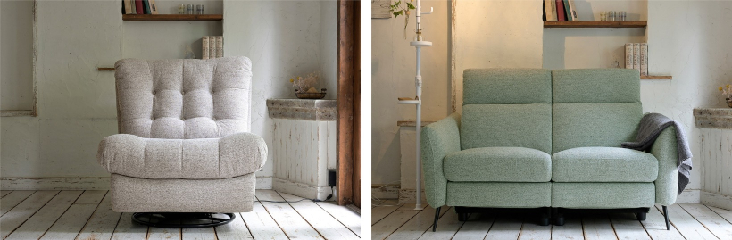 商品仕様：(写真左から)「回転スイングソファ RKS-90」、「電動ソファ RDS-150」