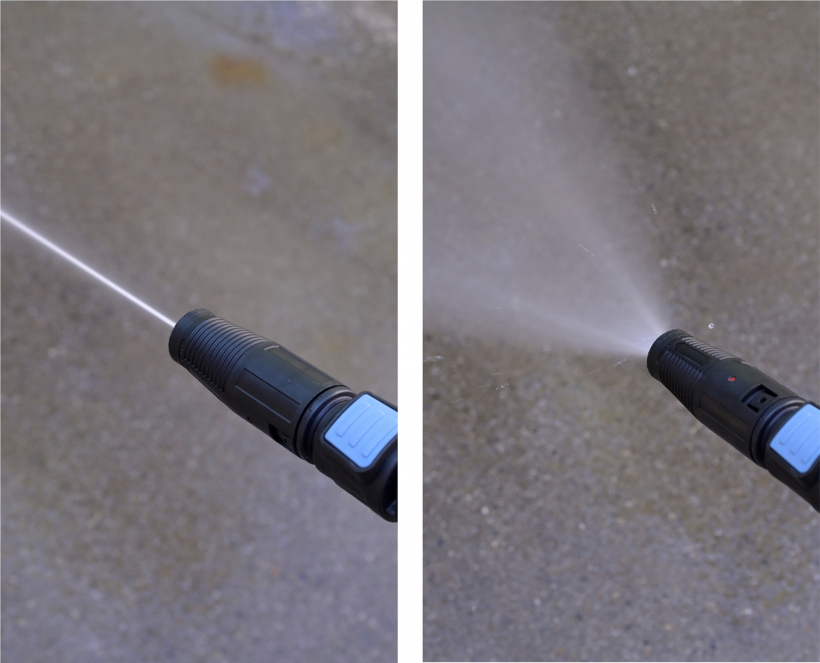 噴射角度が調整できる「可変ノズル」。左から）一点集中、扇状