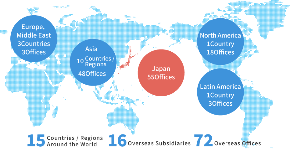 Global network 15 Countries / Regions Around the World, Overseas Subsidiaries 16, Overseas Offices 72