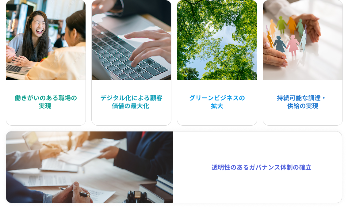 働きがいのある職場、デジタル化による顧客価値最大化、グリーンビジネス拡大、持続可能な調達・供給、ガバナンス体制確立の5つの重点施策を示す図。